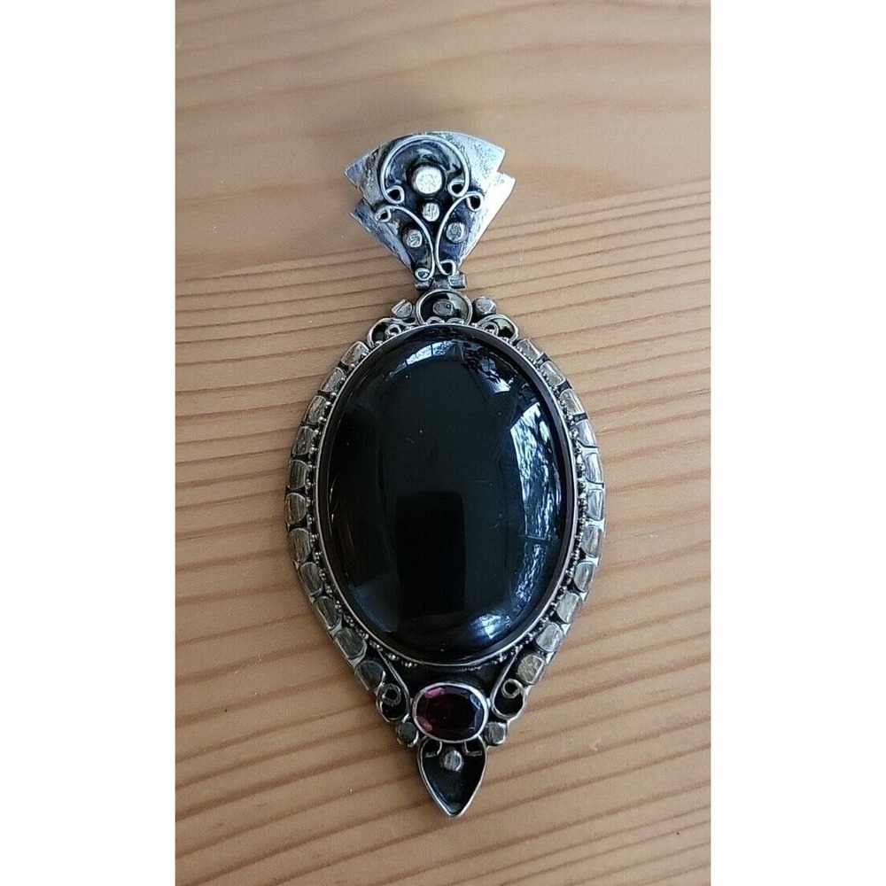 Sterling Silver Onyx Cabochon Garnet Large Pendant Signed NF Vintage Articulated